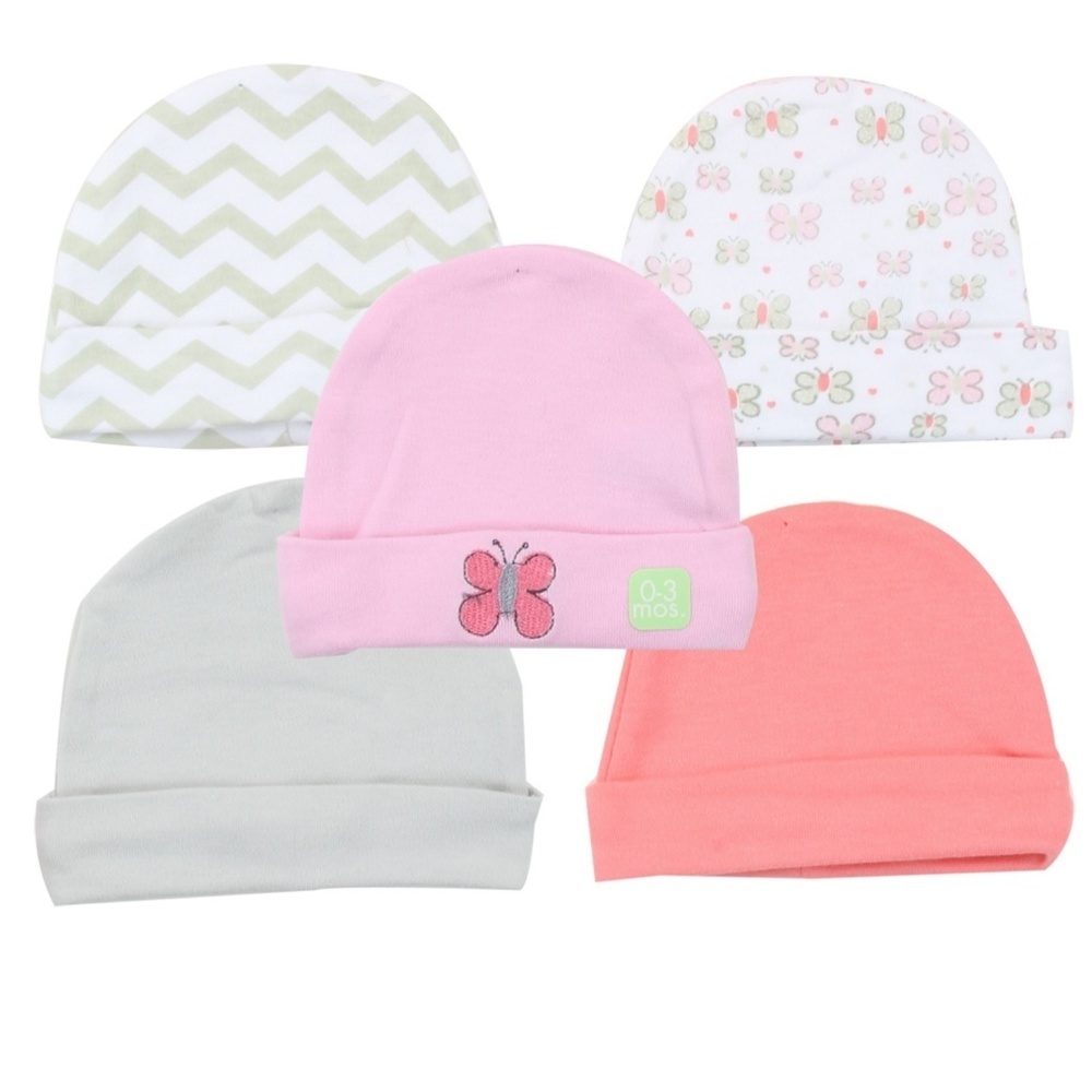 🎁Baby Girl 5-Piece Cozy Cotton Butterfly Pink Cap Set